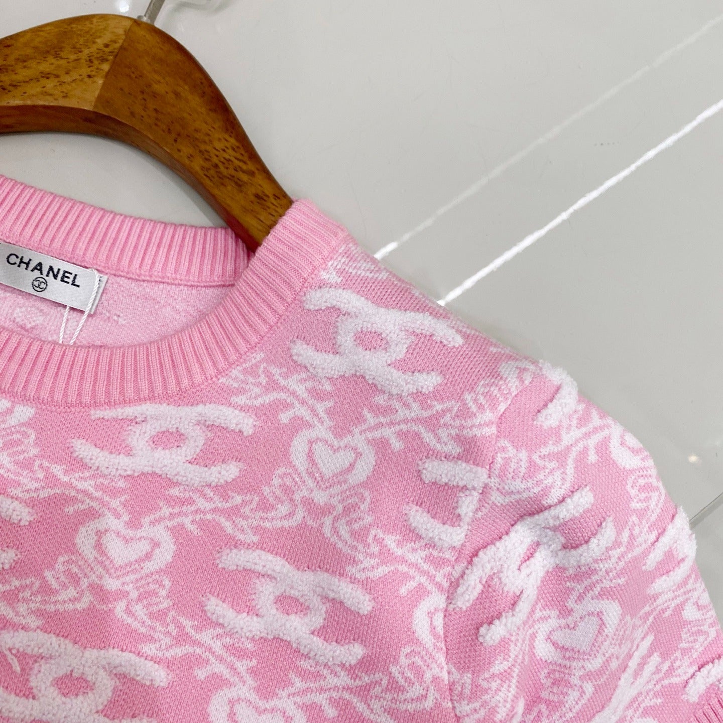 C 25 Spring new full print jacquard knit round neck short sleeve T-shirt