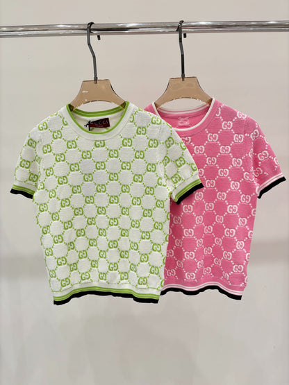 G 25 Frühen Frühling Neue Applizierte All-over-Print Casual Strick Kurzarm 