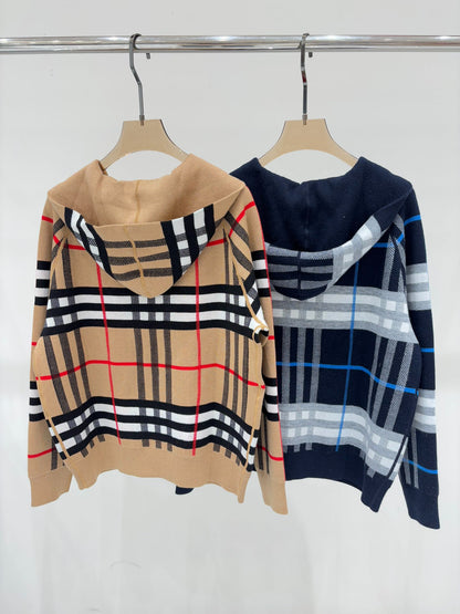 BU 25 Early Fall New Hooded Plaid Simple Two-Way Knit Jacket