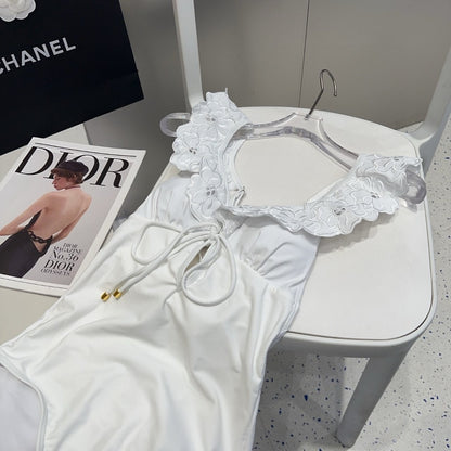 D 25 Flower Shoulder White One-piece Swimsuit