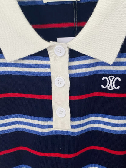CE 2𝟓 New Striped Lapel Embroidered 𝐥𝐨𝐠𝐨 Short Sleeve