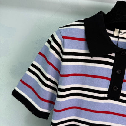 CE 2𝟓 New Striped Lapel Embroidered 𝐥𝐨𝐠𝐨 Short Sleeve