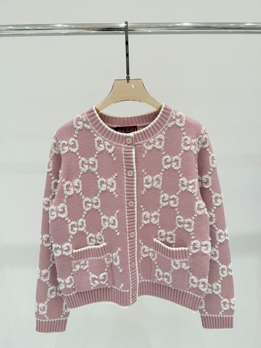 G 25 early spring new round neck letter logo jacquard full print casual knit cardigan