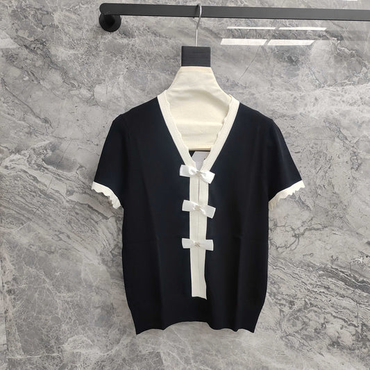 C 25 Black and White Color Clash Bow Knit Short Sleeve