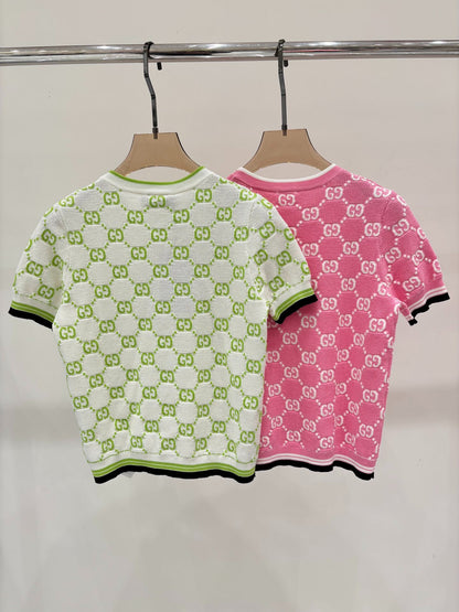 G 25 Frühen Frühling Neue Applizierte All-over-Print Casual Strick Kurzarm 