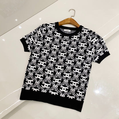 C 25 Spring new full print jacquard knit round neck short sleeve T-shirt