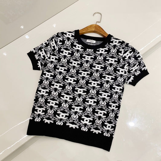 C 25 Spring new full print jacquard knit round neck short sleeve T-shirt