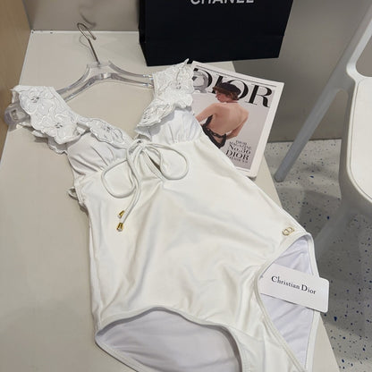 D 25 Flower Shoulder White One-piece Swimsuit