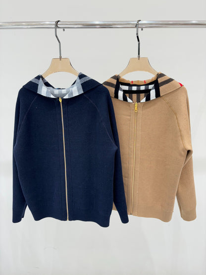 BU 25 Early Fall New Hooded Plaid Simple Two-Way Knit Jacket