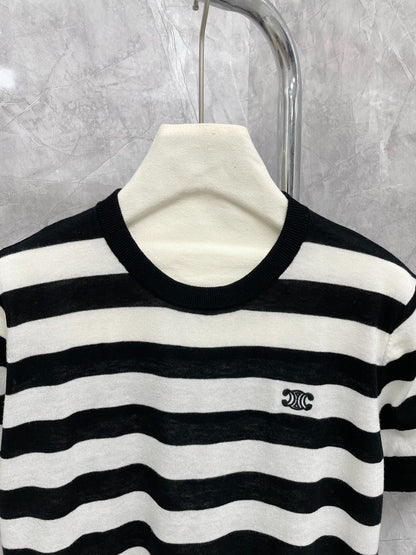 CE 25 New Classic Black and White Striped Arc de Triomphe Embroidered Short Sleeve