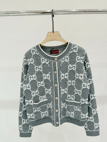 G 25 early spring new round neck letter logo jacquard full print casual knit cardigan