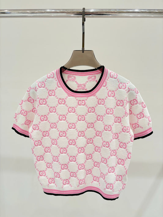 G 25 Summer new round neck double G letter jacquard knit short tops