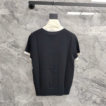 C 25 Black and White Color Clash Bow Knit Short Sleeve