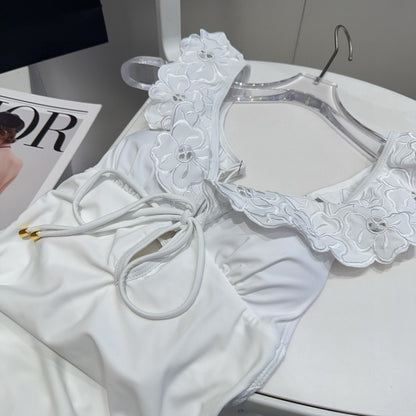 D 25 Flower Shoulder White One-piece Swimsuit