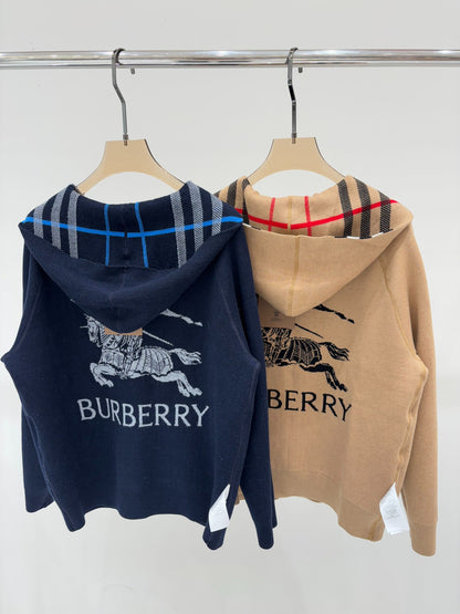 BU 25 Early Fall New Hooded Plaid Simple Two-Way Knit Jacket