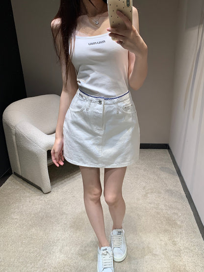 M 25 Heavy duty embroidered white denim half skirt