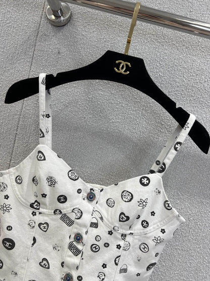 C 25Ss spring and summer new Printed denim suspenders + skirt