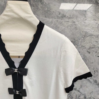 C 25 Black and White Color Clash Bow Knit Short Sleeve