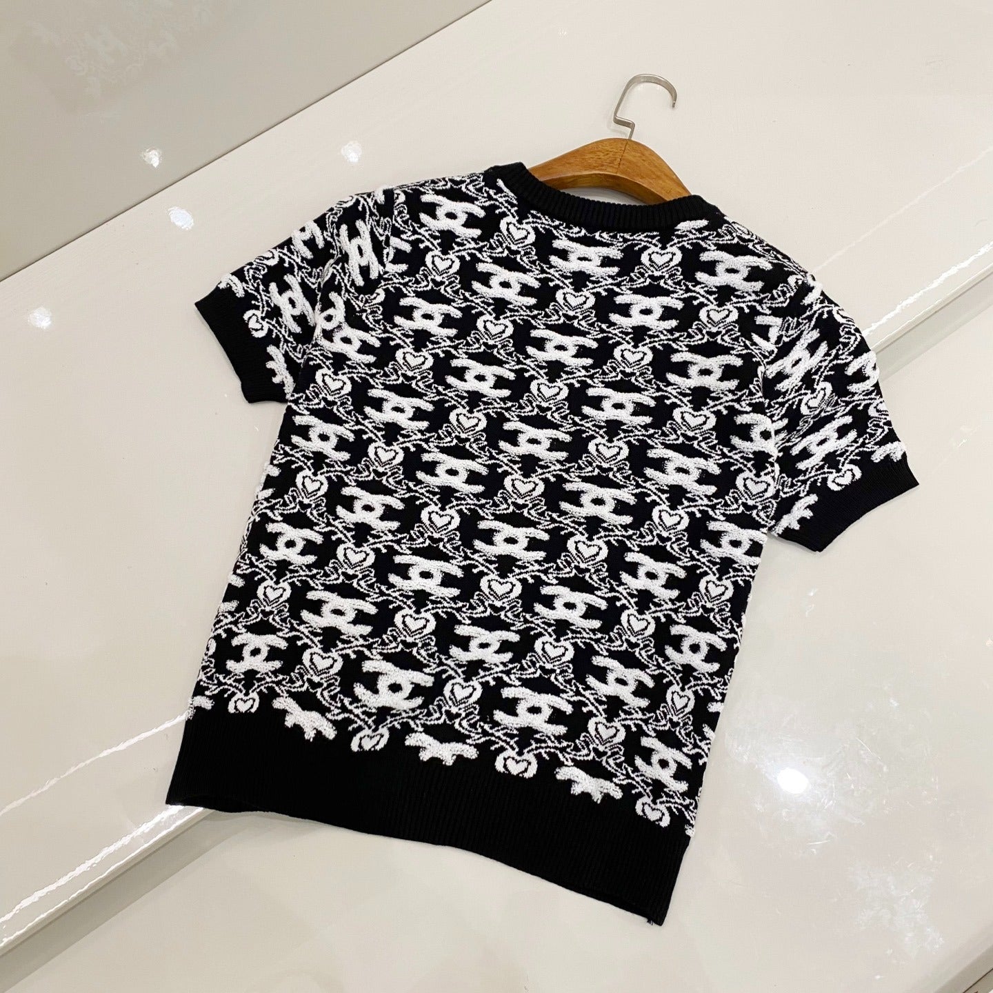 C 25 Spring new full print jacquard knit round neck short sleeve T-shirt