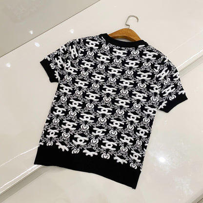 C 25 Spring new full print jacquard knit round neck short sleeve T-shirt