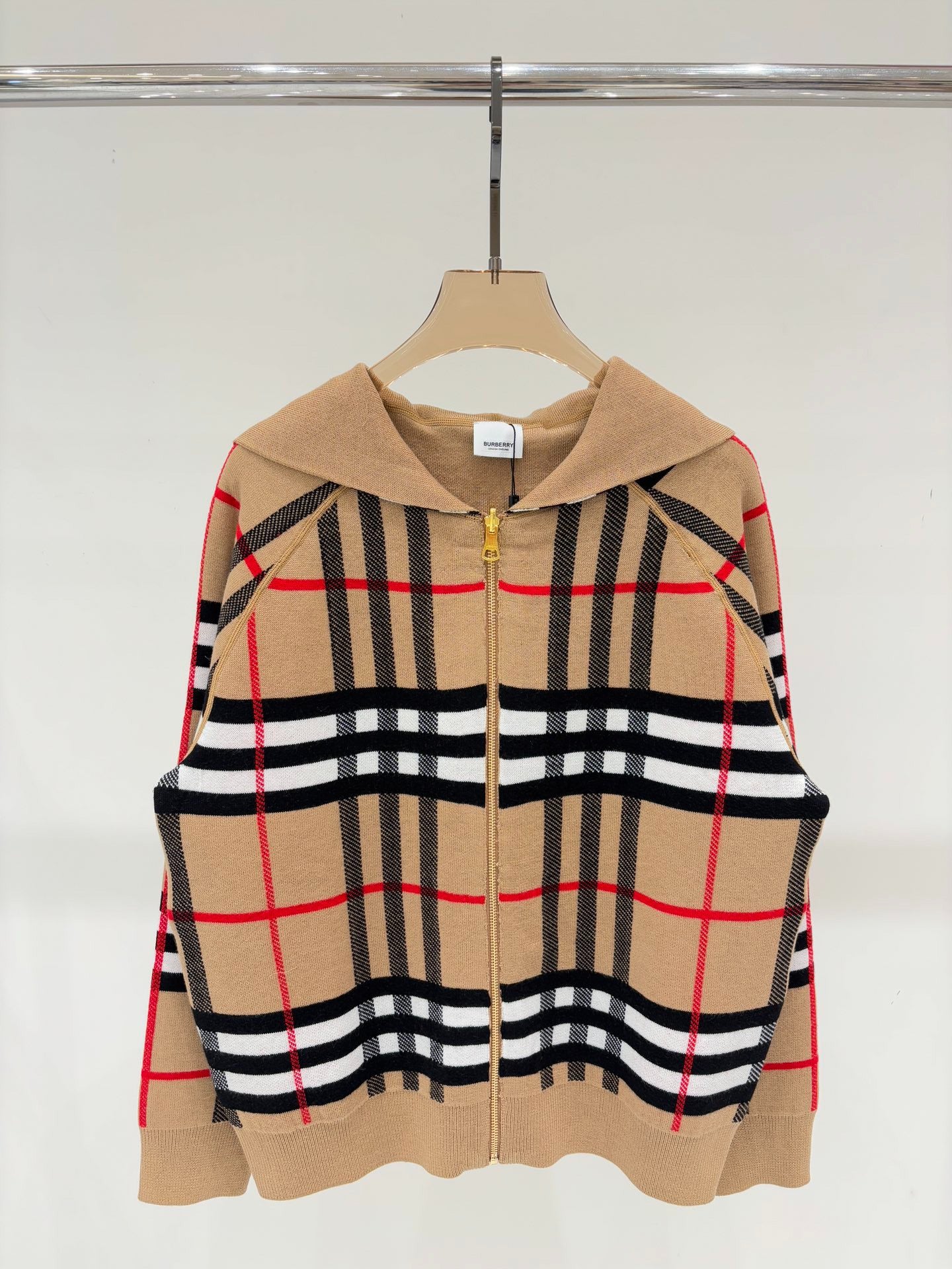 BU 25 Early Fall New Hooded Plaid Simple Two-Way Knit Jacket