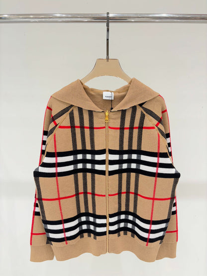 BU 25 Early Fall New Hooded Plaid Simple Two-Way Knit Jacket