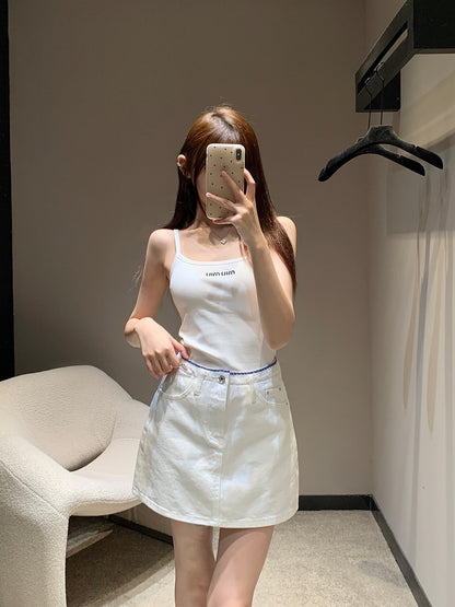 M 25 Heavy duty embroidered white denim half skirt
