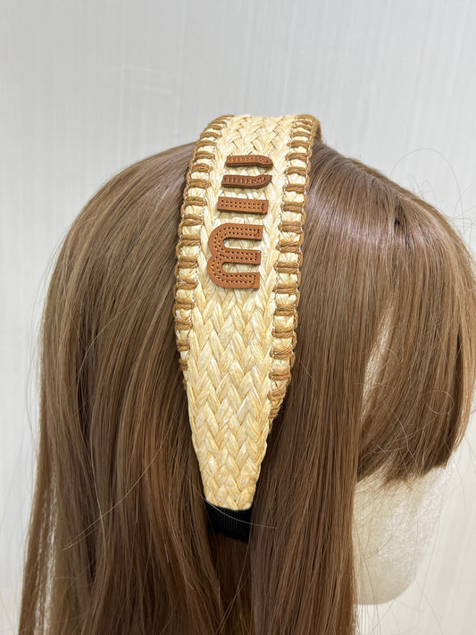 M 25 New Brown Leatherface Letters Wide Straw Hairband