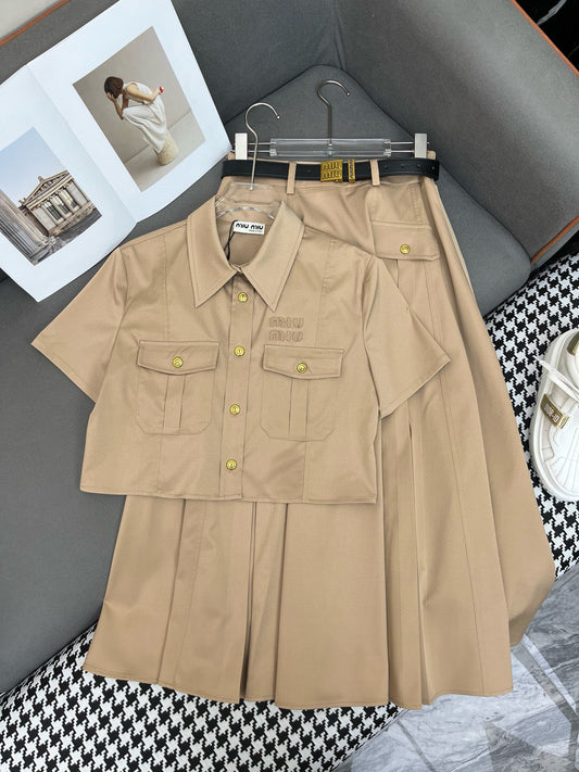 M 25 New Work Style Short Top + Skirt with Belt Set