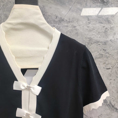 C 25 Black and White Color Clash Bow Knit Short Sleeve