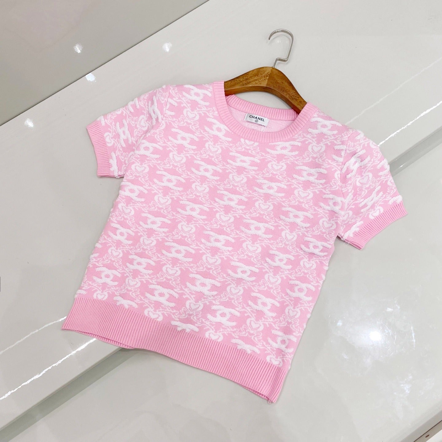 C 25 Spring new full print jacquard knit round neck short sleeve T-shirt