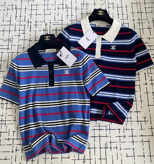 CE 2𝟓 New Striped Lapel Embroidered 𝐥𝐨𝐠𝐨 Short Sleeve