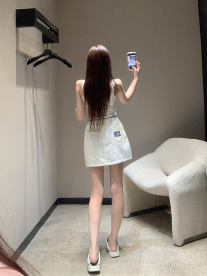M 25 Heavy duty embroidered white denim half skirt