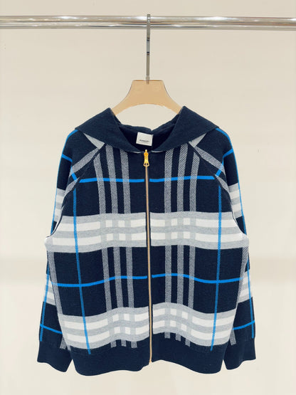 BU 25 Early Fall New Hooded Plaid Simple Two-Way Knit Jacket