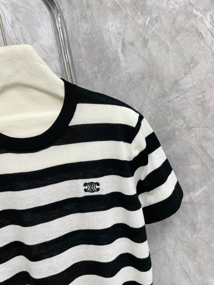 CE 25 New Classic Black and White Striped Arc de Triomphe Embroidered Short Sleeve