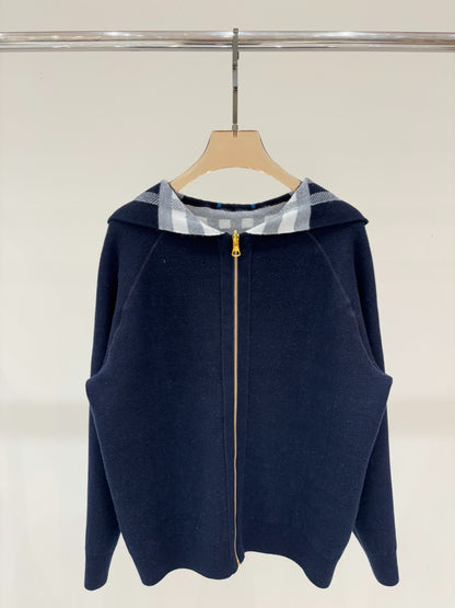 BU 25 Early Fall New Hooded Plaid Simple Two-Way Knit Jacket