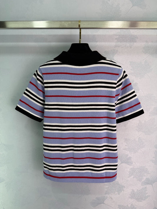 CE 2𝟓 New Striped Lapel Embroidered 𝐥𝐨𝐠𝐨 Short Sleeve
