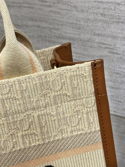 D  Book Tote Bag Beige Oblique Embroidered Raffia and Camel Calfskin
