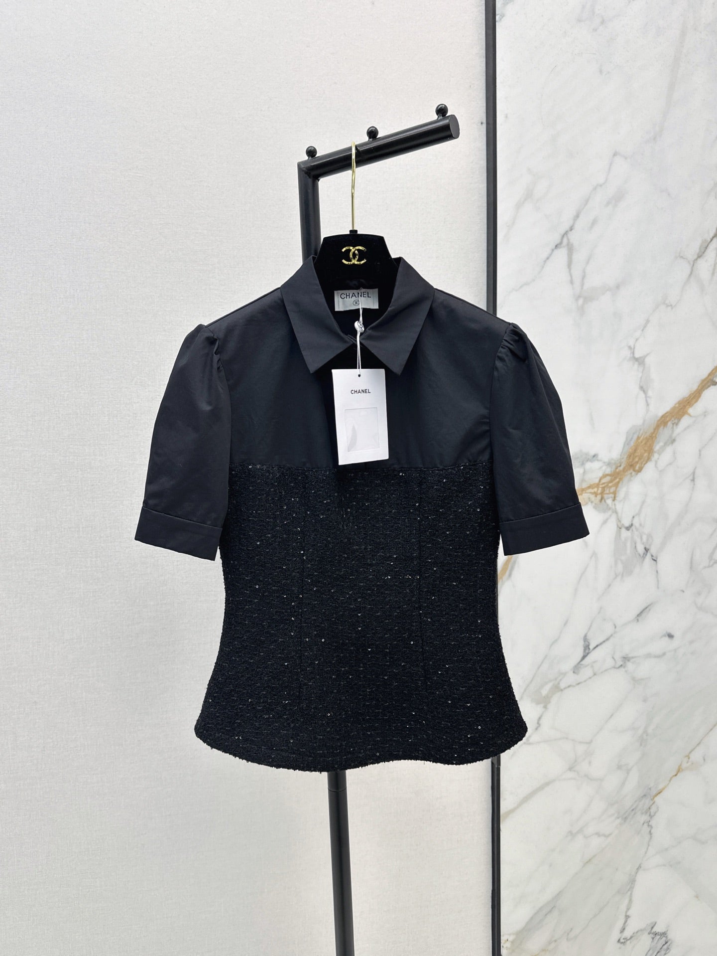 C 25ss Woven sequined shirt(WHITE,BLACK)