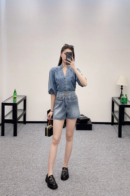 Z*♥2025 new products Denim top and shorts set