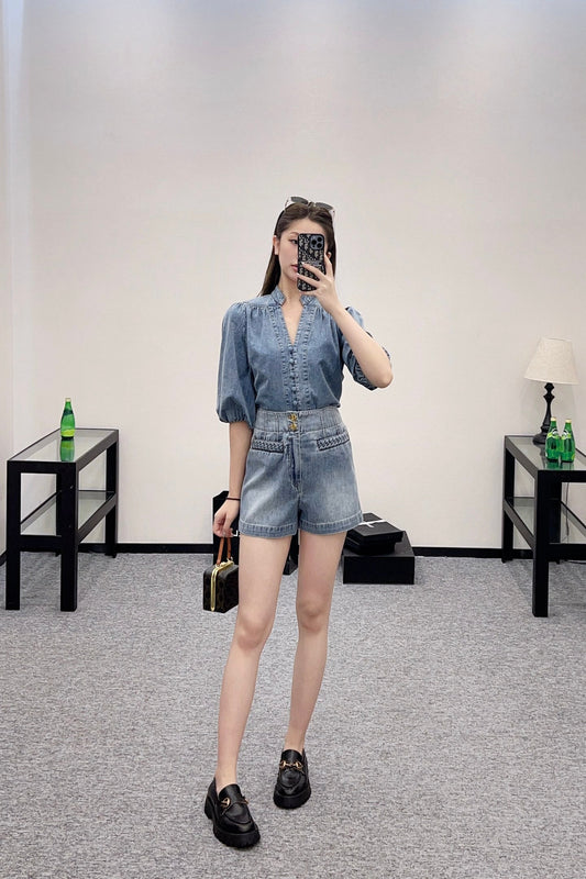 Z*♥2025 new products Denim top and shorts set