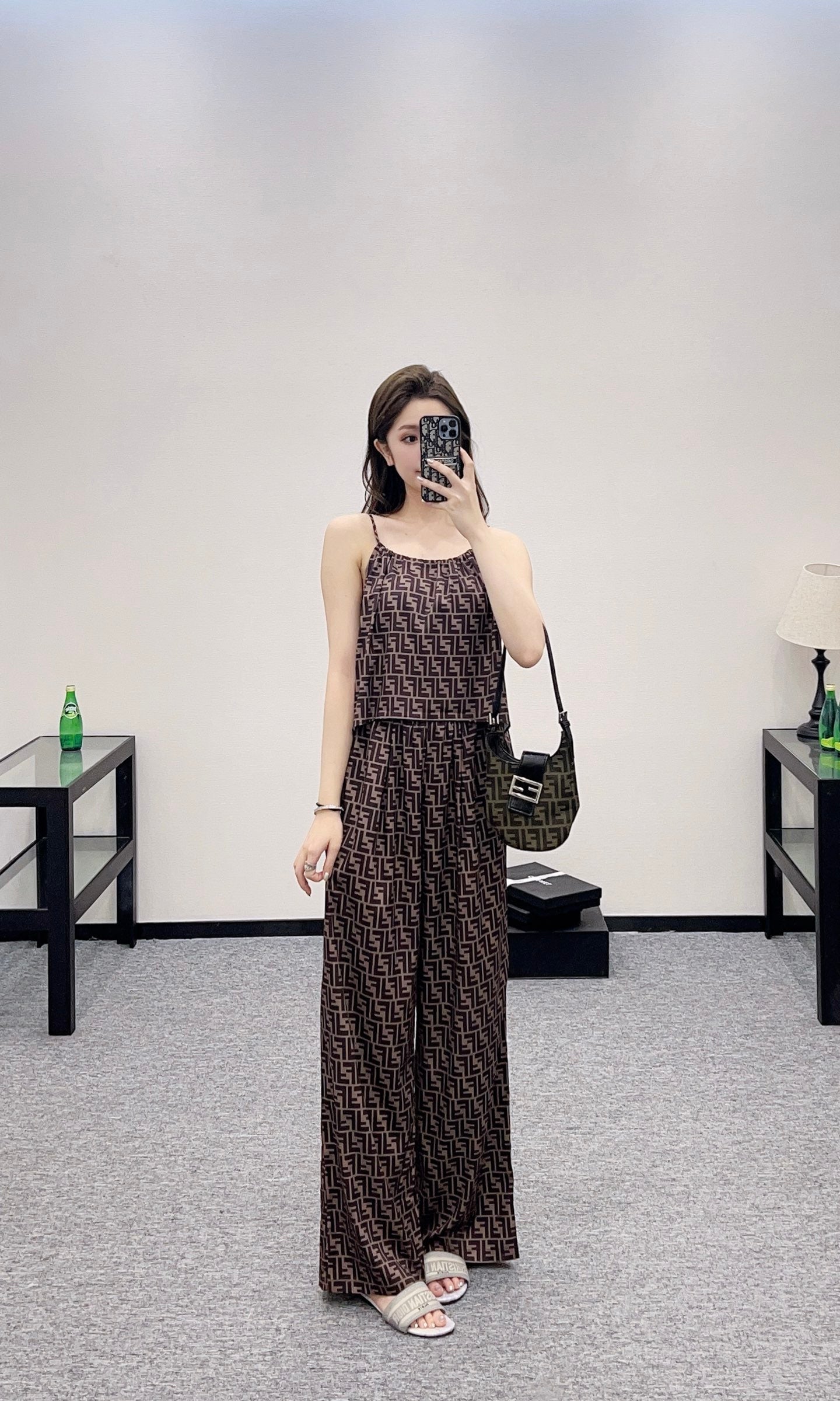 F*♥New arrival Printed suspender trousers set