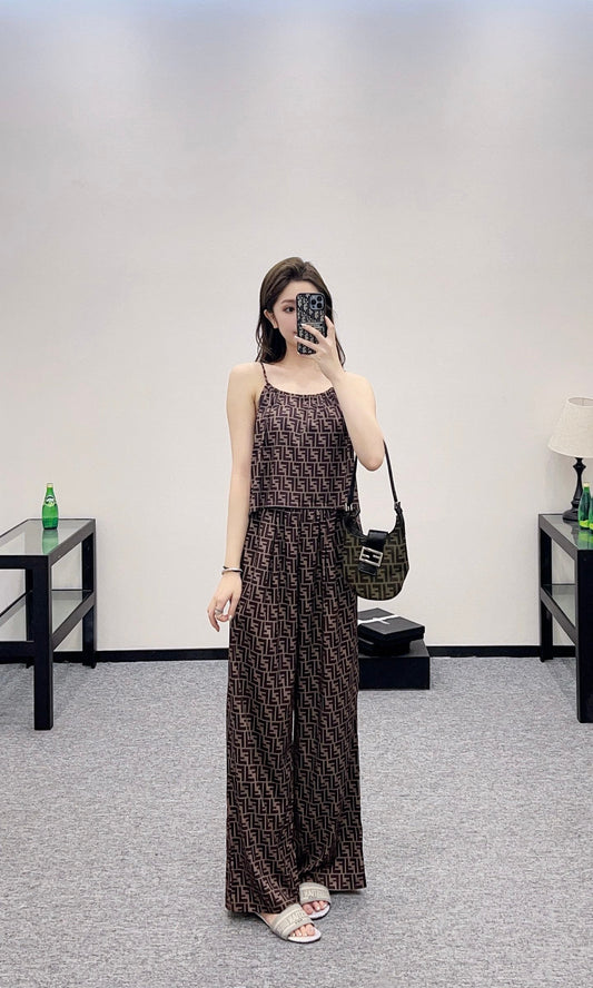 F*♥New arrival Printed suspender trousers set