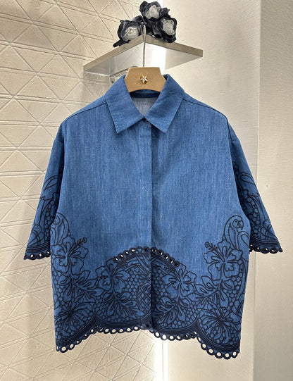 Z*♥New Arrival Embroidered Denim Shirt Shorts Set