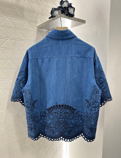 Z*♥New Arrival Embroidered Denim Shirt Shorts Set