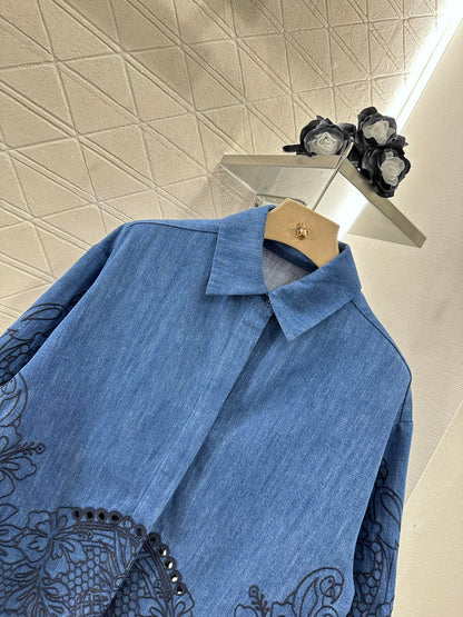 Z*♥New Arrival Embroidered Denim Shirt Shorts Set