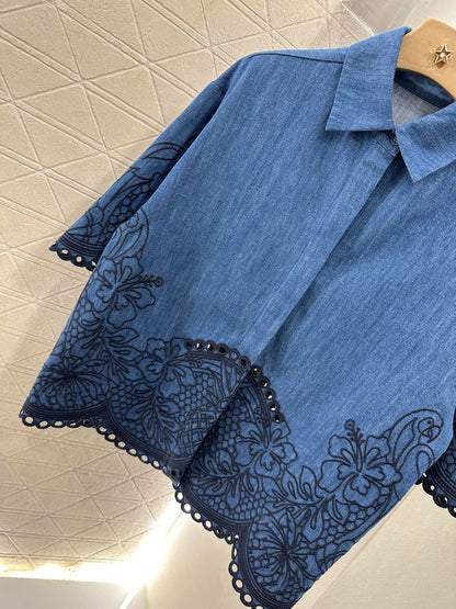 Z*♥New Arrival Embroidered Denim Shirt Shorts Set