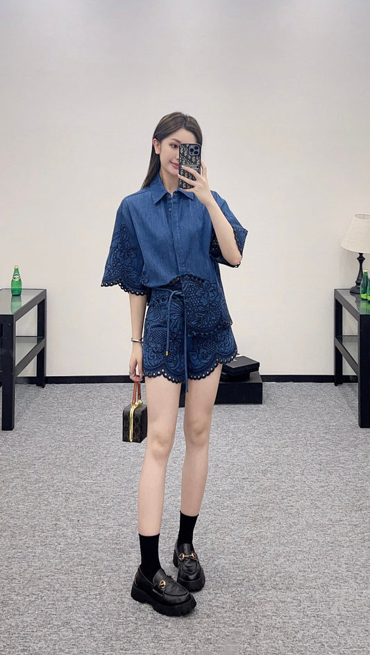 Z*♥New Arrival Embroidered Denim Shirt Shorts Set