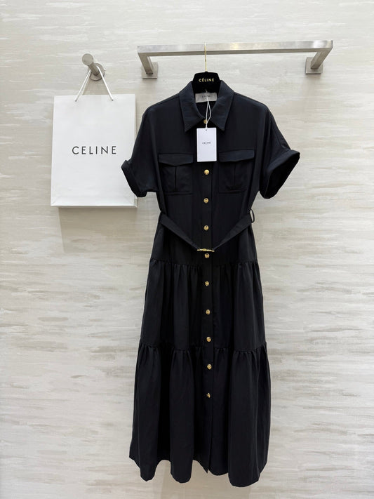 C*♥2025 new gold button lapel waisted dress