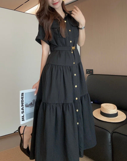 C*♥2025 new gold button lapel waisted dress